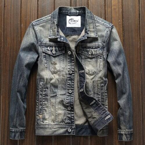 Hi-Street Ripped Mens jeans Jackets Blue Washed Distressed Denim Man Slim Fit Streetwear HipHop Vintage Jacket Drop Shipping