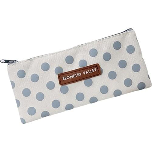 Plaid Dot Pattern Zipper Pen Bag Holder Pencil Case Stationery Storage Pouch