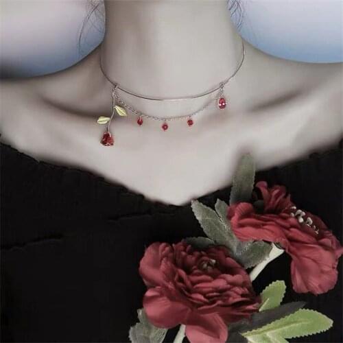 Korean Vintage Choker Drip Glaze Rose Flower Branch Pearl Clavicle Chain Collar Necklace For Women Cute Jewelry Fashion