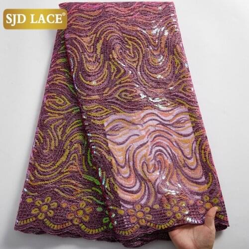 SJD LACE African Mesh Lace Fabric Sewing Sequins French Lace Fabric Sequined Design Mesh Tulle For Nigerian Wedding Dress A2484