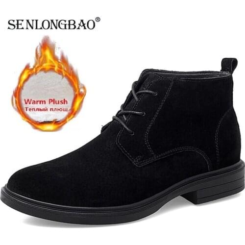 Brand Mens Boots Warm Plush Mens Snow Boots Genuine Leather Men Chelsea Boots Outdoor Work Ankle Boots Non-slip Walking Shoes
