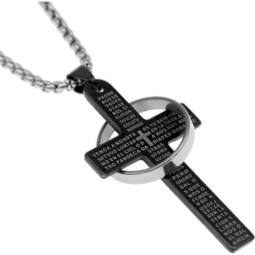 Spanish Bible Lords Prayer Men Titanium Steel Cross Necklace Women Trendy With Ring Cross Pendant Sweater Chain Jewelry Gift