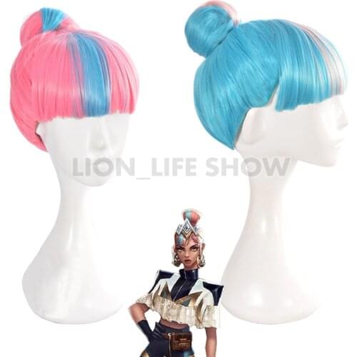 LoL Qiyana Cosplay Wig True Damage Cosplay Blue Mixed Pink Wigs with Bun Heat Resistant Synthetic Hair+Free Wig Cap