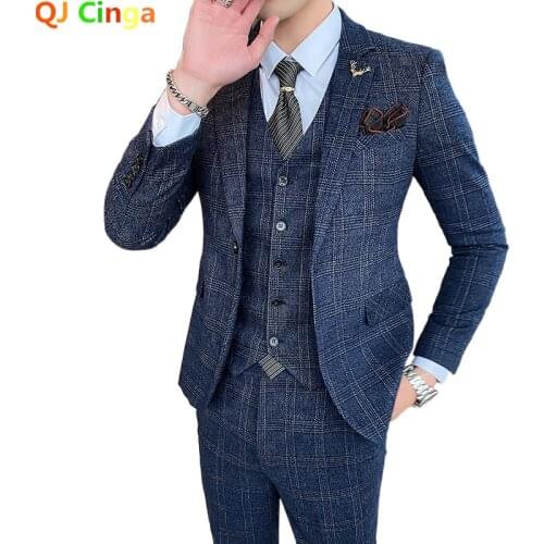 Jacket + Vest + Pants) Boutique Fashion Mens Plaid Casual Business Suit High end Social Formal Suit 3 Pcs Set Groom Wedding 5XL