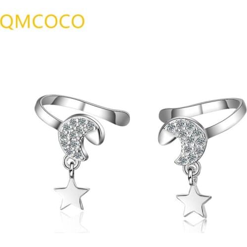 QMCOCO 925 Silver Simple Design INS Star Moon Shape Ear Bone Clip Punk Trend Zircon Earrings For Women Party Jewelry Accessories