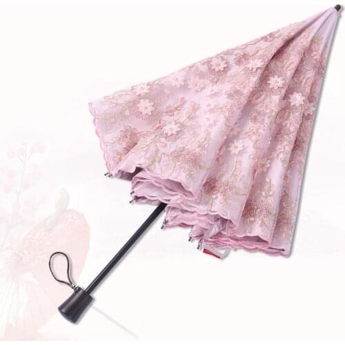 Sun umbrella UV protection embroidery lace sunscreen black plastic folding umbrella