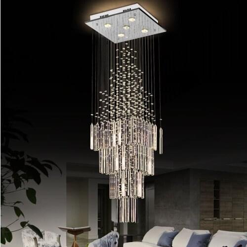 Modern Crystal Chandelier for Living Room Columnar Crystal Hanging Lamp Square Base Light Fixture Staircase Loft Chandeliers