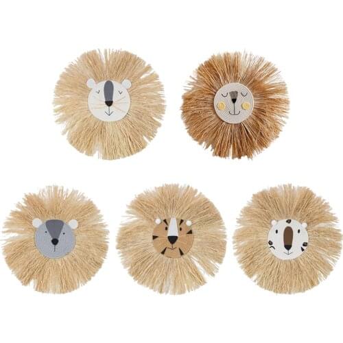 Nordic Rural Hand-woven Cartoon Lion Tiger Straw Wall ing Handcraft Cotton Thread Weaving Tapestry Decor