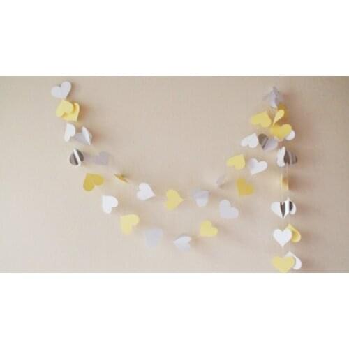Yellow White Silver metallic paper heart 10ft banners, Wedding garland, Party decoration, Bridal shower, nursery decorations