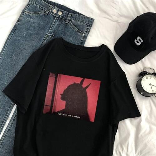 Half devil half goddes Harajuku print letters large size tees loose vintage casual women punk fun gothic dark o-neck t-shirt