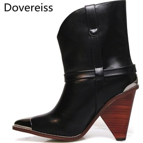 Dovereiss Fashion Womens Shoes Winter Elegant Concise Mature Pure color Pointed toe White Strange style heels Short boots 34-45