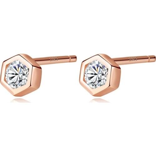 New Fashion Real 925 Sterling Silver Rose Gold Color Stud Earrings For Women Geometric hexagon AAA Zircon Earrings Fine Jewels