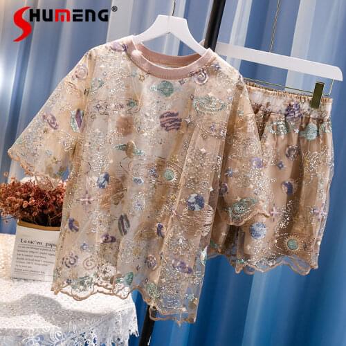 2021 Summer Fashion New Womens Clothing Sequined Short Sleeve O Neck Tops Organza Elastic Waist Shorts Suit Two-Piece Set