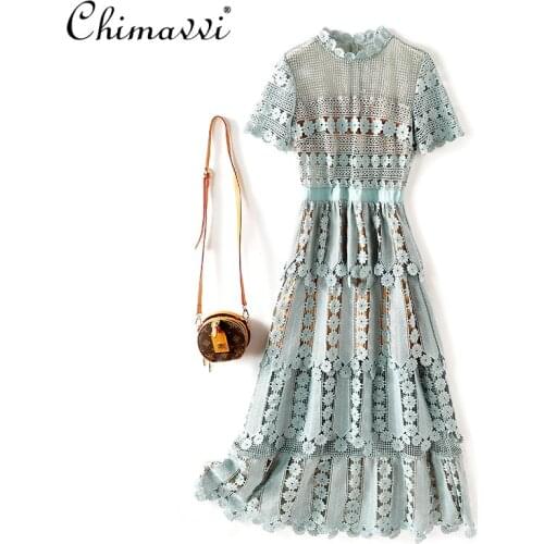 High-End Heavy SP Style Womens Clothing Fashion Multi-Layer Cake Maxi Dress Blue Green Lace High Waist Slimming Elegant Dress