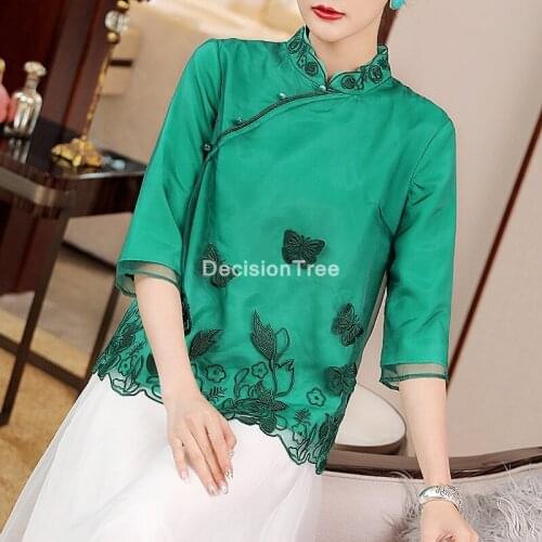 2021 elegant women qipao tops chinese style tang suit blouse elegant embroidery silk butterfly embroidery cheongsam top