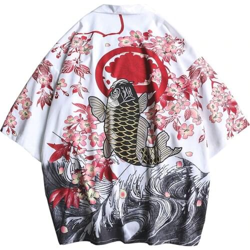 #4203 Summer Mens Kimono Shirt Plus Size Japanese Kimono Cardigan Patterns Open Stitch Fish Crane Print Harajuku Men Clothing