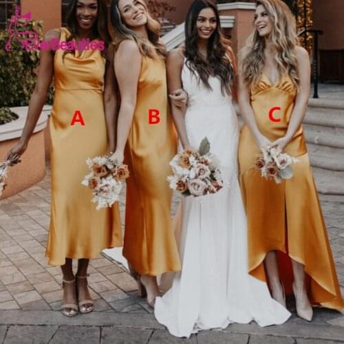 Satin Sheath Bridesmaid Dresses 2020 Spaghetti Straps Maid of Honors V-Neck Robe De Soirée De Mariage Dress For Wedding Party