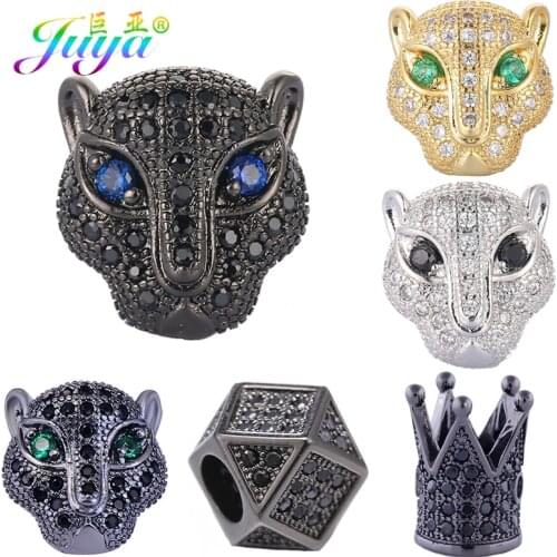 Juya DIY Lion Panther Tiger Leopard Head Beads AAA Zircon Copper Animal Charm Beads For Natural Stones Beadwork Jewelry Making