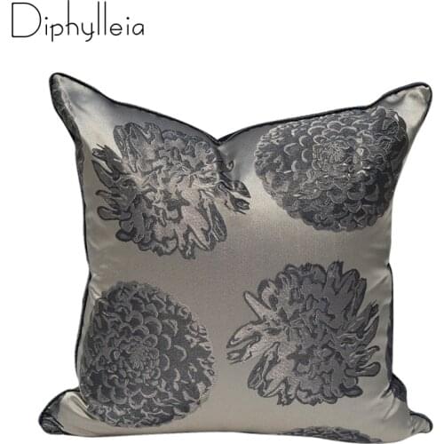 Diphylleia European Style Cushion Case Brown Grey Satin Flowers Jacquard Classic Home Decorative Pillow Cover 18x18 Inches