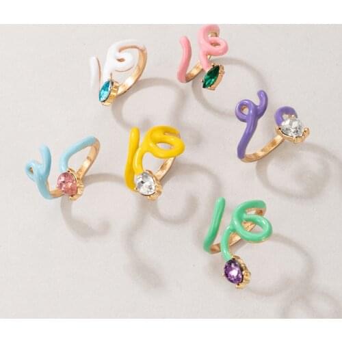 Docona 6pcs/set Colorful Dropping Oil Open Snake Cute Rings for Women Luxury Crystal Alloy Metal Ring Set Female Jewelry 19743