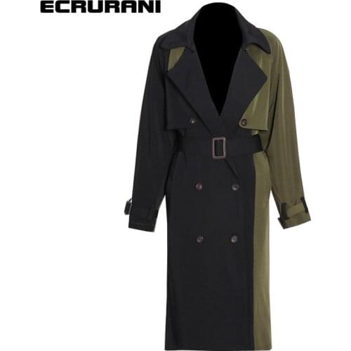ECRURANI Patchwork Hit Color Casual Trench For Women Lapel Long Sleeve High Waist Sashes Windbreakers Female Clothing 2021 Style