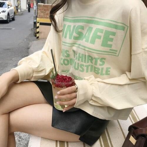 T-shirt Women Long Sleeve Letter All-match High Quality Female Loose Simple Korean Style Soft Womens O-Neck Leisure Students Top