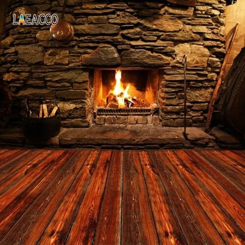 Laeacco Stone Wall Wooden Floor Fireplace Fire Wood Photography Backgrounds Customized Photographic Backdrops For Photo Studio