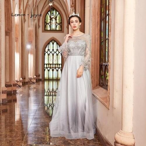 Lemon joyce Formal Evening Dresses 2020 O-Neck Long sleeves Gorgeous Feather Beading Mermaid Party Evening Gowns Plus Size