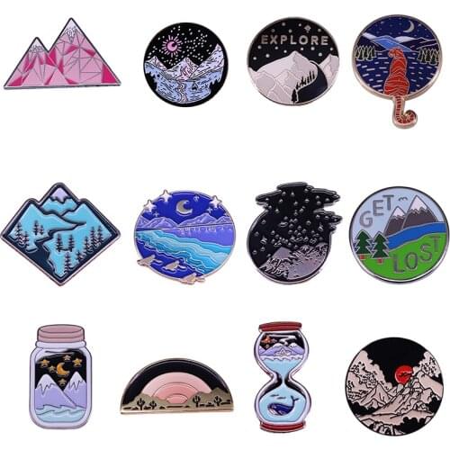 Snow Mountain Travel Adventure Enamel Pin Set Night Sky Landscape Brooches ,Wanderlust, Explore Nature Jewelry Outdoorsy Gift