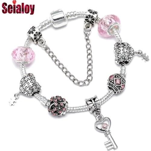 Seialoy Fashion Pink Crystal Love Puzzle Beaded Shiny Heart Key Charm Bracelets For Women Girls Original Bracelet & Bangle New