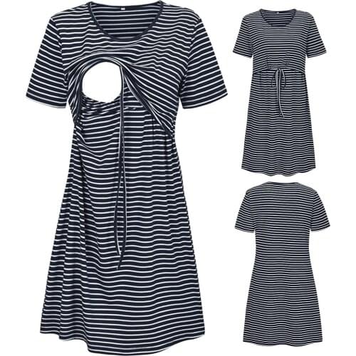 Striped Print Nursing Dress Womens Maternity Short Sleeve O-neck Summer Dress For Pregnant Women Breastfeeding Clothes Платье