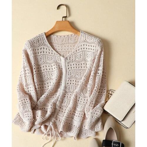 Loose Knitted Women Sweaters And Pullovers V-Neck Long-Sleeved Drawstring Solid Hollow Out Female Pulls Outwear Coat Tops