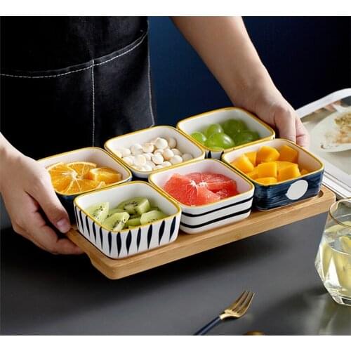 Fruit Plate Living Room Household Ceramic Divider Bowl Wooden Tray Japanese-style Snack Plate Divided Grid Dried Fruit Plate
