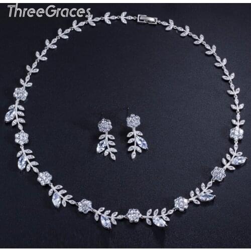 Threegraces Delicate Shiny CZ Stone Plant Flower Necklace Earrings Bridal Wedding Jewelry Set for Women Party Accessories JS024