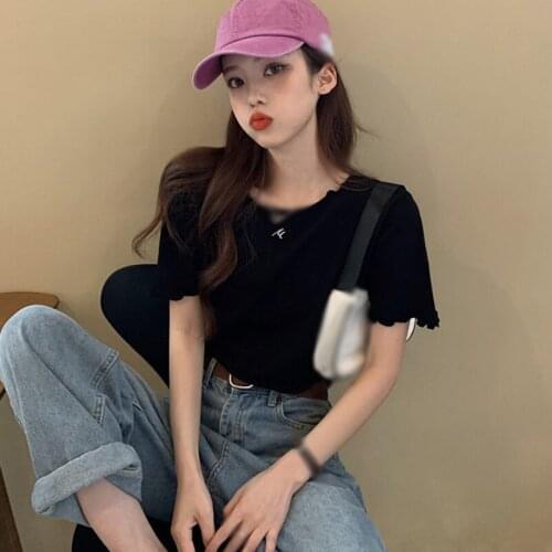 Retro Hong Kong Style Navel Crop Top Women Bottoming Shirt Loose Knit Short Sleeved T-Shirt