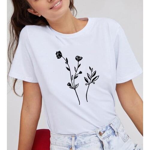 Flowers T-shirt Funny T Shirt Women Cotton Harajuku Tshirt Women Shrot Sleeve Loose Camiseta Mujer Black White Tee Shirt Femme
