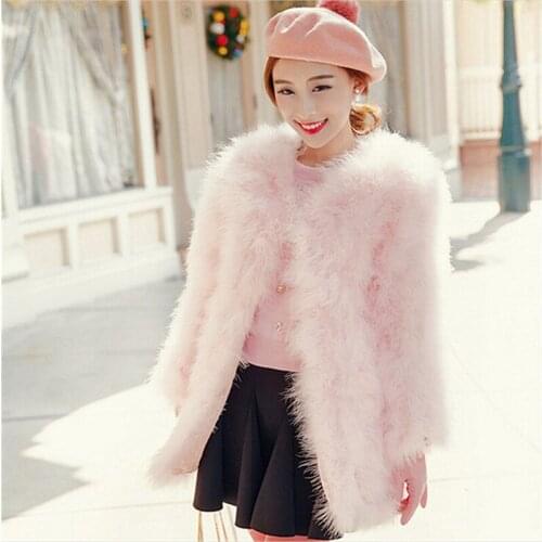 Womens thick warm natural fur coat medium-long ostrich feather fur winter overcoat AS-4