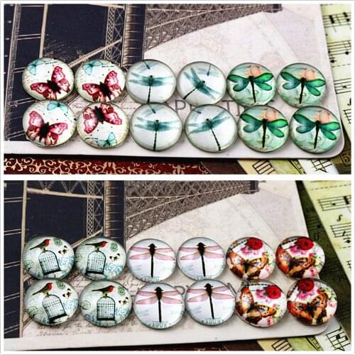 12pcs (One Set) Two Style Fit 12mm Dragonfly Butterfly Handmade Glass Cabochons Pattern Domed Jewelry Accessories Supplies
