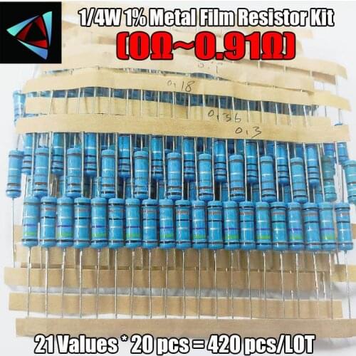 420pcs 0.1 Ohm ~0.91 Ohm 1% 1/4W Metal Film Resistor Assorted Kit 21Values*20pcs=420pcs