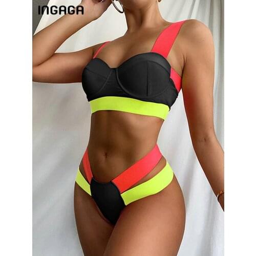 INGAGA High Waist Bikinis Sexy Womens Swimsuits Push Up Biquini Swimwear High Cut Bathing Suits Solid Patchwork Beachwear 2021