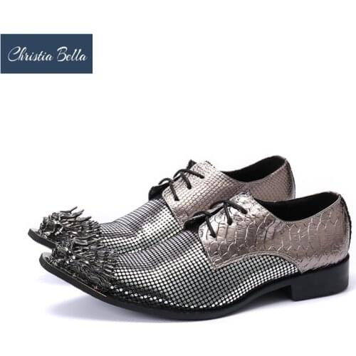 Christia Bella Shining Silver Wedding Party Men Oxford Shoes Pointed Toe Lace Up Dress Shoes Male Business Office Brogue Shoes