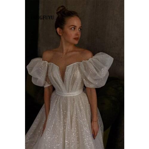 HONGFUYU Sparkly V-Neck Prom Dresses Puff Sleeves A-Line Long Evening Dresses Tulle Tea-Length Formal Party Dresse