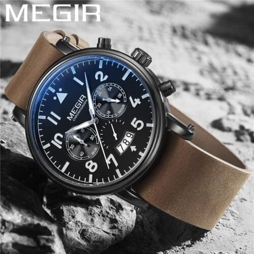MEGIR Genuine Leather Watch Men Waterproof Chronograph Military Army Male Clock Top Brand Luxury Man Sport Wristwatch Gift 2149
