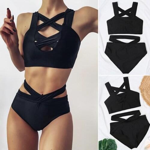 Hot kf-Sexy Womens Bikini Set Bandage Stretch Bodycon Swimwear Push-Up Padded Cross Up Swimsuit High Waist Bathing Suit