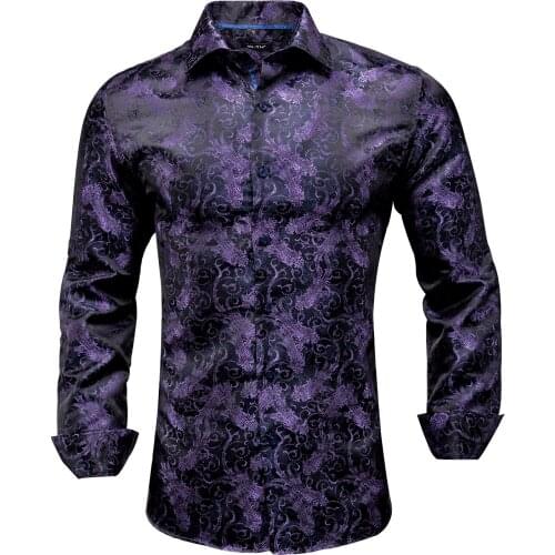 Hi-Tie Purple Floral Mens Silk Shirts Long Sleeve Casual Shirt For Men Jacquard Male Gold Navy Blue Business Party Wedding Dress