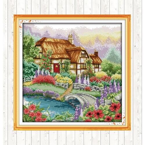Cabin with The Fragrance of Flowers Scenery Patterns 14CT 11CT Counted Print Fabric DMC Embroidery Kits Handmade Needlework Sets