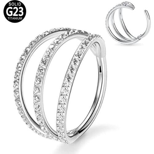 G23 Titanium Hinged Septum Clicker Segment Nose Ring Hoop 3 Side CZ Pave Lip Ear Cartilage Helix Nose Stud Body Piercing Jewelry