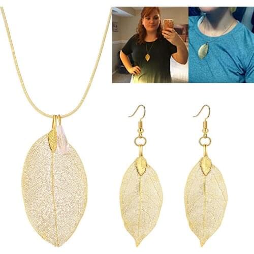 Fashion Natural Leaf Necklace Pendant For Women Handmade Real Leaves Earrings Necklace 4 Colors Jewelry Set Gift