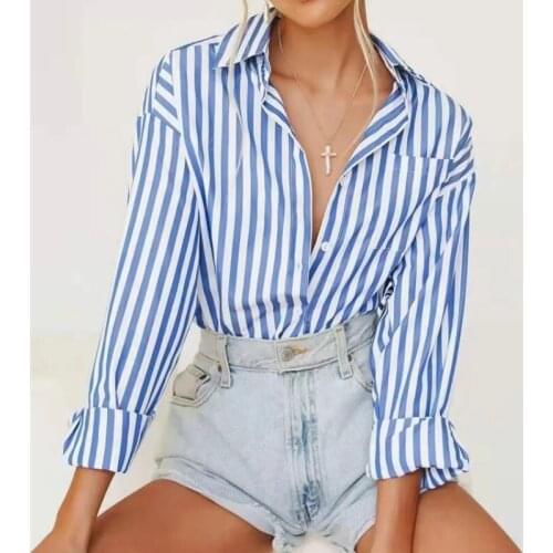 Women Spring Long Sleeve Shackets Vintage Blue Striped Shirts Female Office Work Shirts Casual Loose Tops Green Blouses Fashion