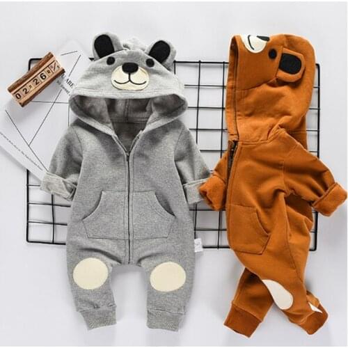 Cute Bear Newborn Infant Baby Boy Girl Kid Ear Hooded Romper Zipper Cartoon Patchwork Jumpsuit Clothes Outfit For 0-24M